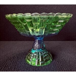 Vintage Jeanette Emerald Blue to Green Glass Basket Weave Pedestal Compote Bowl